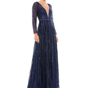 NWT Mac Duggal 11184 Plunging Striped Sequin Long Sleeve Gown Midnight Size 12